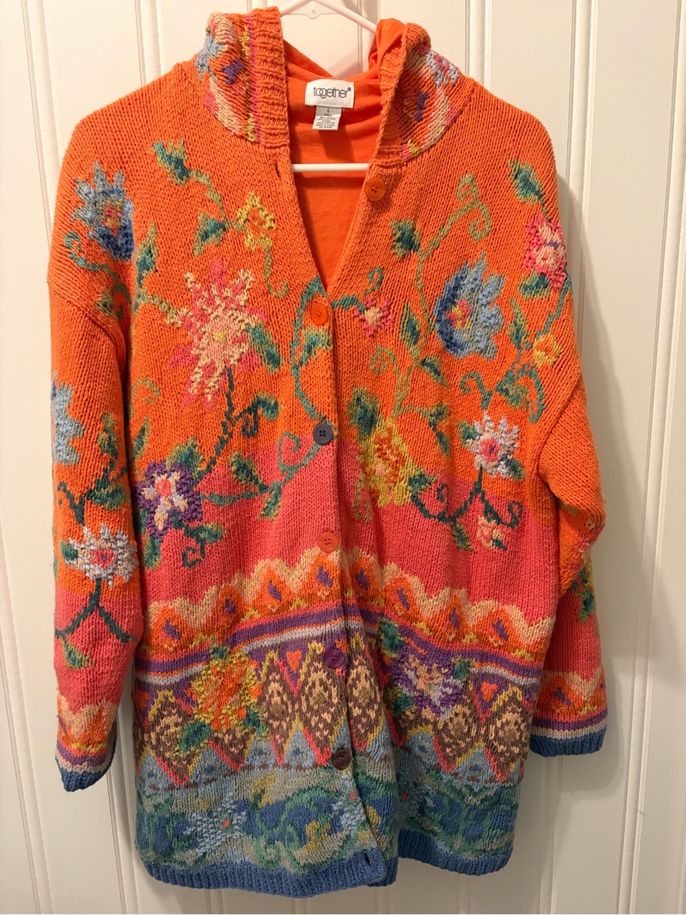 Together Hooded Floral Ramie Cotton Cardigan Sweater L Cottagecore Boho Lined